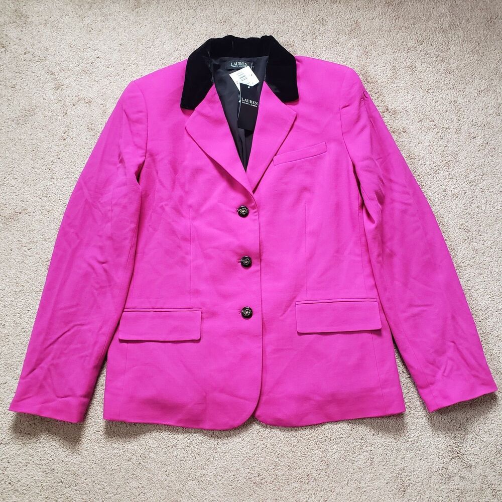 Lauren Ralph Lauren Wool Blend Fuchsia Blazer Velvet Collar Button Closures 14